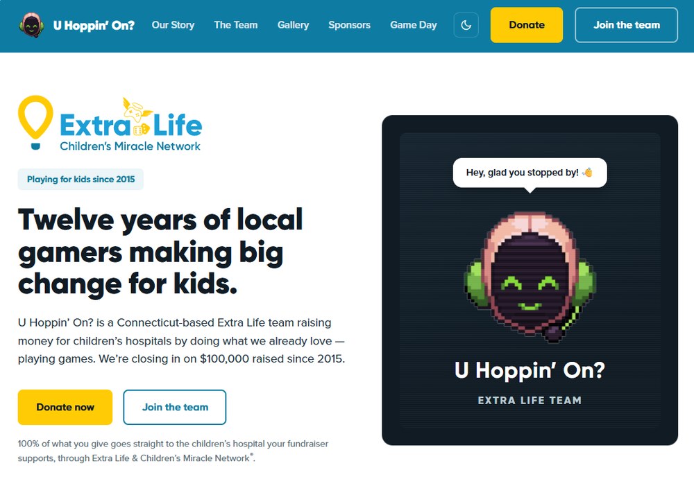 U Hoppin' On? Extra Life team website homepage